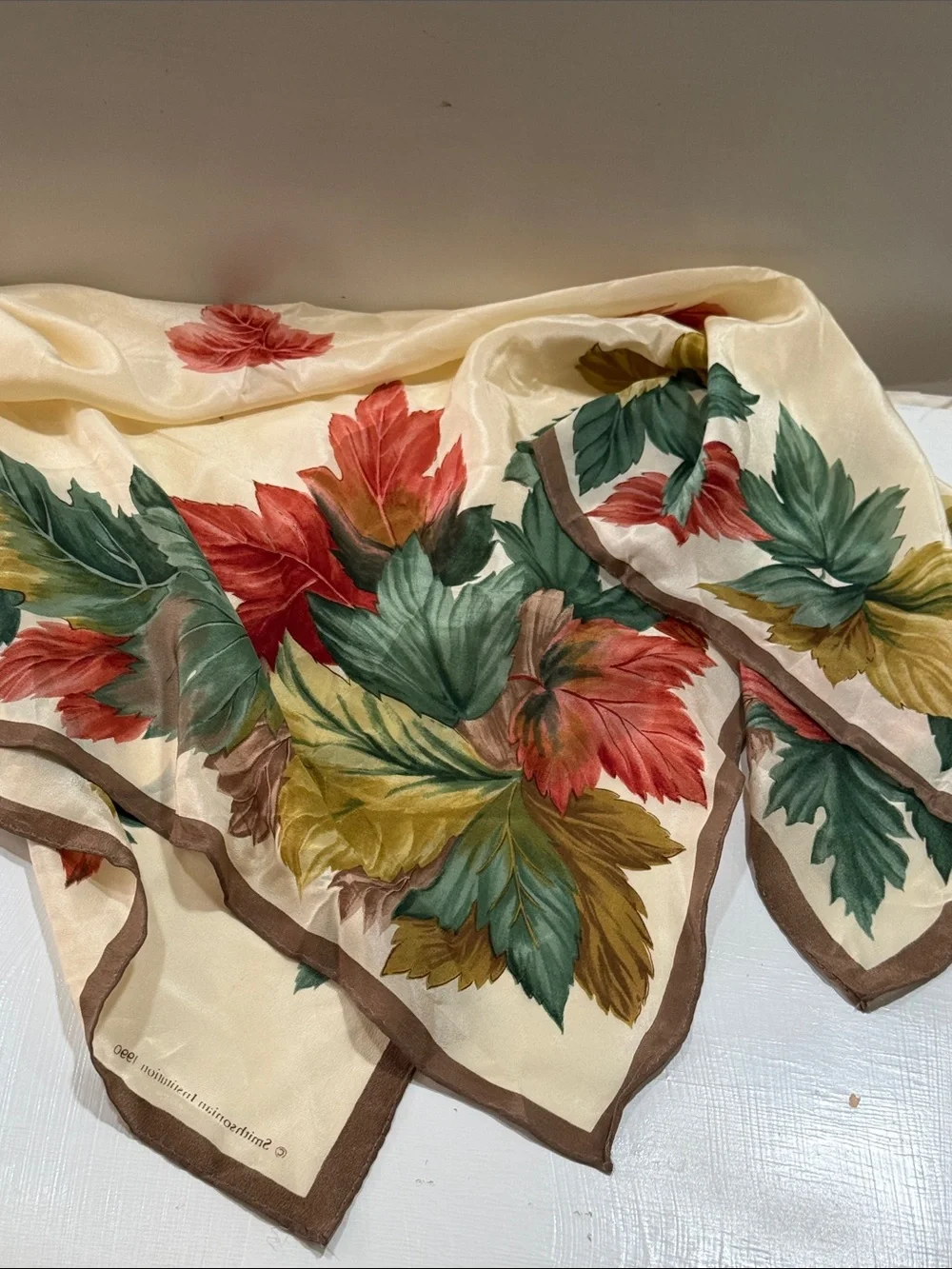 Smithsonian 1990 Silk-Cream Floral Autumn Leaf Scarf Brown Border New never used